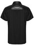 Black short sleeve button-up shirt with mesh yoke and vertical back panel