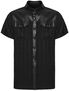 Black short sleeve plaid shirt with button front, chest pockets, and pointed collar