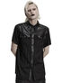 Black short sleeve button-up shirt with chest pockets and a collar worn by a model