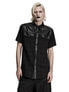 Black short sleeve plaid shirt with button front and black collar on a model