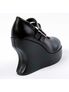 Rear side view of BRAVO-08 Black PU Wedge with curved platform heel and double buckle straps