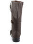 Side view of CARRIBEAN-299 brown pirate buckle boots with tall shaft, buckle details, and flat sole