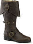 Front view of CARRIBEAN-299 brown pirate buckle boots with multiple decorative buckles and cuff detail