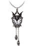 Bat and skull necklace with clock pendant and dangling skull charms on a chain