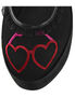 Close-up of CLICK-02 Hearts Platform Shoes with black upper and red heart-shaped glasses graphic