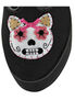 Close-up of CLICK-04-1 Kitty Platform Shoes with embroidered cat skull patch and pink bow on black toe