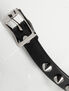 Black leather wristband with silver buckle and cone spikes