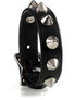 Black leather wristband with silver cone and round spikes standing upright