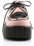 Front view of CREEPER-216 pink vegan shoes with black platform sole, laces, and pyramid studs