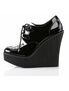 Left side view of CREEPER-302 black patent wedge shoe with ribbed platform and lace-up front