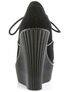 Rear view of CREEPER-302 black vegan wedges with ribbed platform heel and lace-up detail