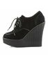 Left side view of CREEPER-302 Black Vegan Wedges with ribbed platform and lace-up front