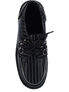 Top view of CREEPER-401 Black Stripe Creepers with white pinstripes, black laces, and silver eyelets