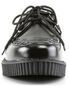 Front view of CREEPER-602 black leather creepers with woven toe detail and thick ribbed platform sole