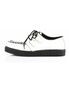 Left side view of CREEPER-602 white leather creeper shoe with black platform sole and lace-up front