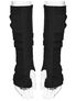 Black fingerless gloves with ribbed forearm covers and white open finger sections