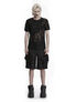 Black cargo shorts and black graphic T-shirt worn with black boots on a model
