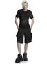 Black utility cargo shorts worn with a black graphic T-shirt and platform boots