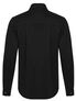 Black long sleeve button-up shirt shown from the back with a collar and curved hem