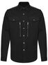 Black men's long sleeve button-up shirt with front pockets and zipper details