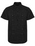 Black men's short sleeve button-up shirt with front panel details