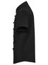 Black men's short sleeve shirt shown in side view with button front.