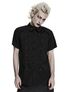 Men's black short sleeve shirt with button front and chest pockets on a model