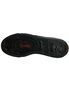 Bottom view of DEVIANT-04 Black Spike Sneakers with skull and bone tread pattern, red Demonia logo