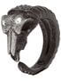 Dark ram skull ring with curved horn details and textured metal finish