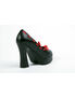 Left side view of DOLLY-47 Black PU Heels with platform sole and red ribbon detail along the edge