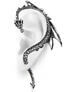 Left ear earring cuff designed as a dragon with detailed scales, wings, and tail in silver tone
