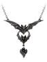 A triple bat pendant necklace with intricate details and a heart-shaped design, hanging from a chain.