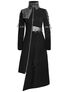 Front view of Final Encounter Women's Post Apocalypse Coat in black with asymmetrical hem and silver accents