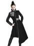 Front view of Final Encounter Women's Post Apocalypse Coat in black with silver accents and asymmetrical design
