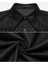 Black men's short sleeve shirt with pointed collar and textured front detail, shown close up
