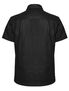 Black men's short sleeve shirt shown from the back with collar and button front.