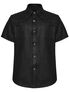 Black short sleeve button-up shirt with collar and chest pockets