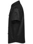 Black short sleeve men's shirt shown in side view with a collar and button front