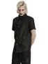 Black short sleeve button-up shirt with chest details, worn by a man standing sideways.
