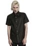 Black short sleeve button-up shirt worn by a person against a white background