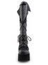Front view of KERA-203 knee-high gothic platform boots in black with cone spikes and laced front