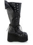 Front view of KERA-203 knee-high gothic platform boots in black with cone spikes, front lacing, and side zip