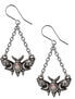 Silver drop earrings featuring a lunar moth design with a central stone and chain detail.