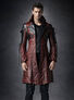 Men's Judgement Jacket on a model wearing a dark maroon leather coat with hood and laces