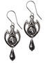 Silver dropper earrings featuring a central crystal and a black teardrop pendant.