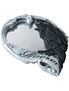 Close-up of Gothic Raven Nevermore Compact Mirror with silver frame, black raven wing design, and engraved text