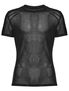 Black mesh short sleeve shirt with sheer front, crew neck, and fitted cut