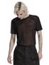 Black mesh shirt on a model with short sleeves and sheer front panel.