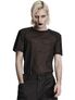 Black mesh short sleeve shirt worn over a black undershirt on a model