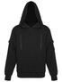 Black pullover hoodie with front pocket, drawstrings, and long sleeves
